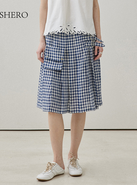 LE.SHERO工装口袋格子百褶裙子女夏季新款显瘦休闲格子亚麻半身裙