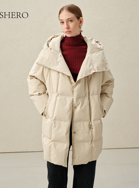 LE.SHERO原创设计中长款鹅绒不对称排扣大口袋羽绒冬季外套