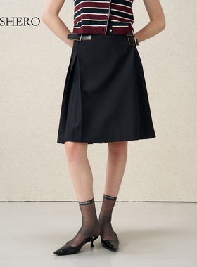 LE.SHERO原创设计简约百搭腰带扣打褶短半身裙女随性大气格纹裙子