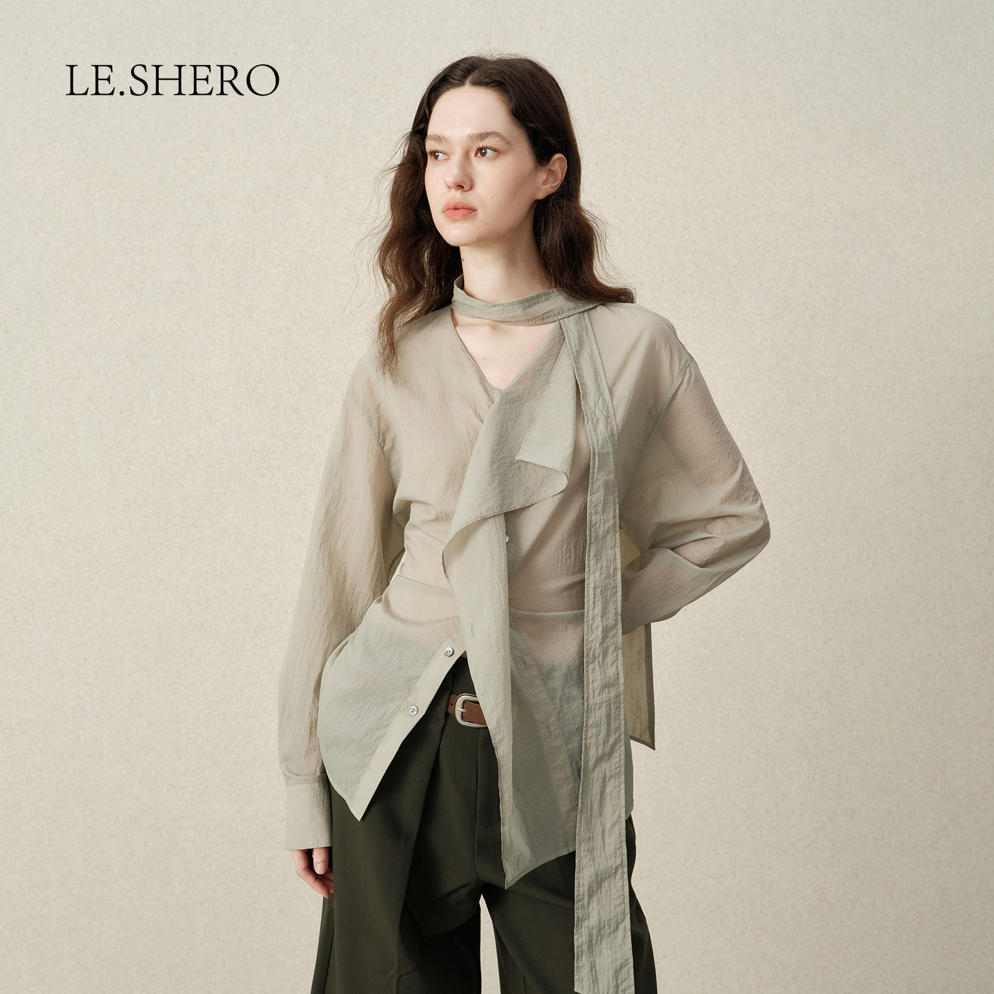 LE.SHERO多风格领口系带法式花边长袖衬衫日常通勤百搭宽松上衣
