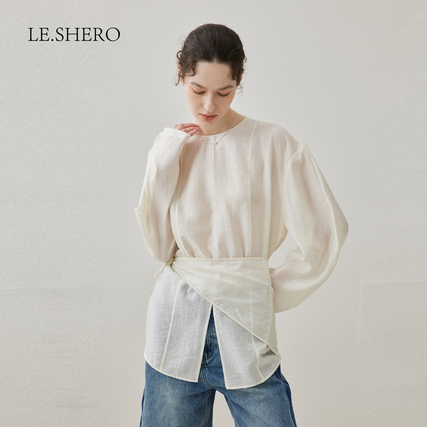 LE.SHERO长袖宽松天丝高级感蓬松罩衫设计感小众时尚百搭上衣