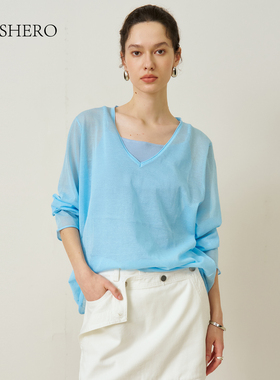LE.SHERO原创设计微透宽松V领毛针织衫女夏新款简约百搭套头上衣