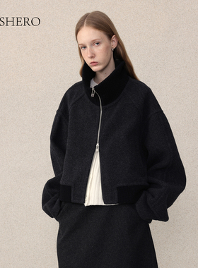 LE.SHERO立领格纹短款双面呢羊毛手工大衣入冬高级感毛呢外套