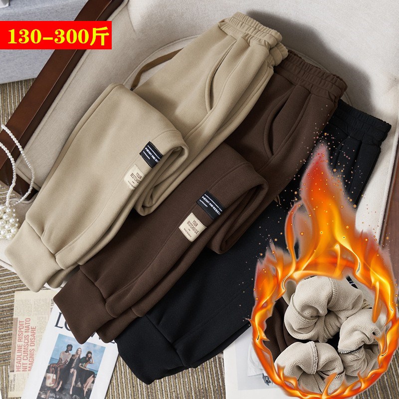 特大码2024冬季高腰防风保暖长裤胖mm3J00斤宽松加绒休闲收脚裤女