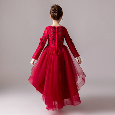 儿童礼服公主裙女童生日s红色长袖花童婚纱主持人钢琴演出服秋冬