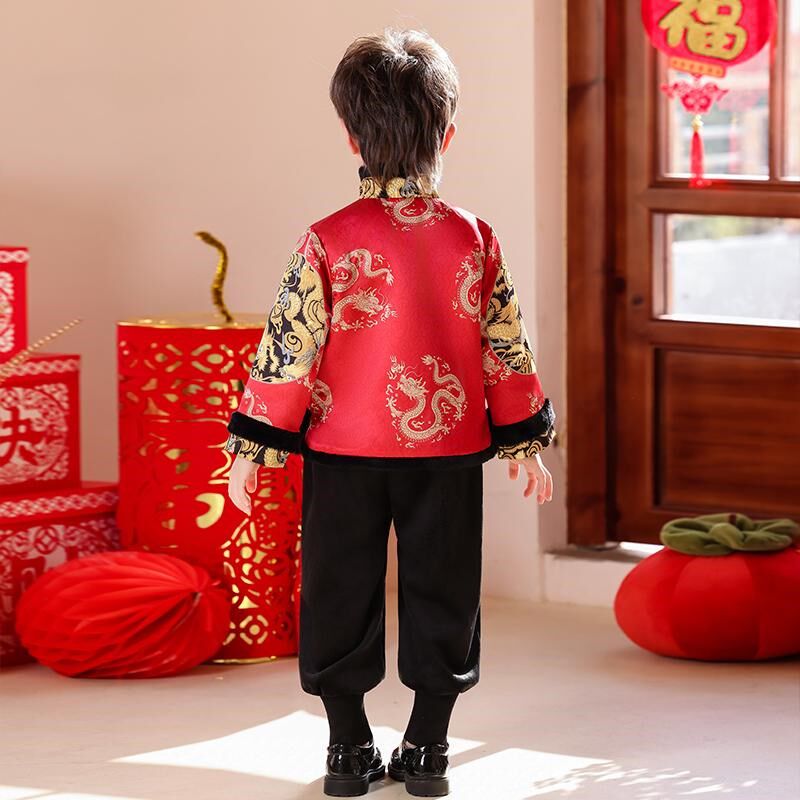 男童潮帅气时髦套装儿童新中x式国风汉服拜年服宝宝加绒唐装过年