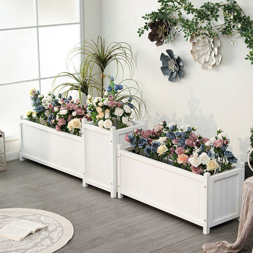 户外防腐木花箱组合庭o院长方形花槽白色花盆露台种植箱花园种菜