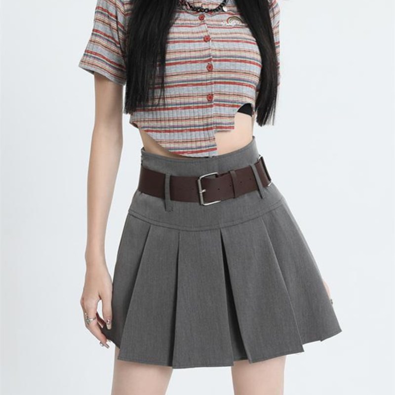 灰色西装百褶裙女夏季大码胖mm高腰D显高显瘦辣妹jk短裙a字半身裙