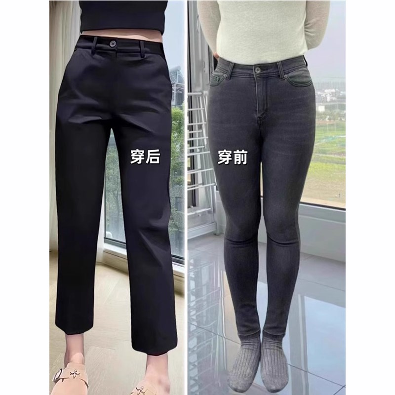 黑色烟管西装裤女夏薄款梨形身材高腰显J瘦休闲九分开叉窄版直筒