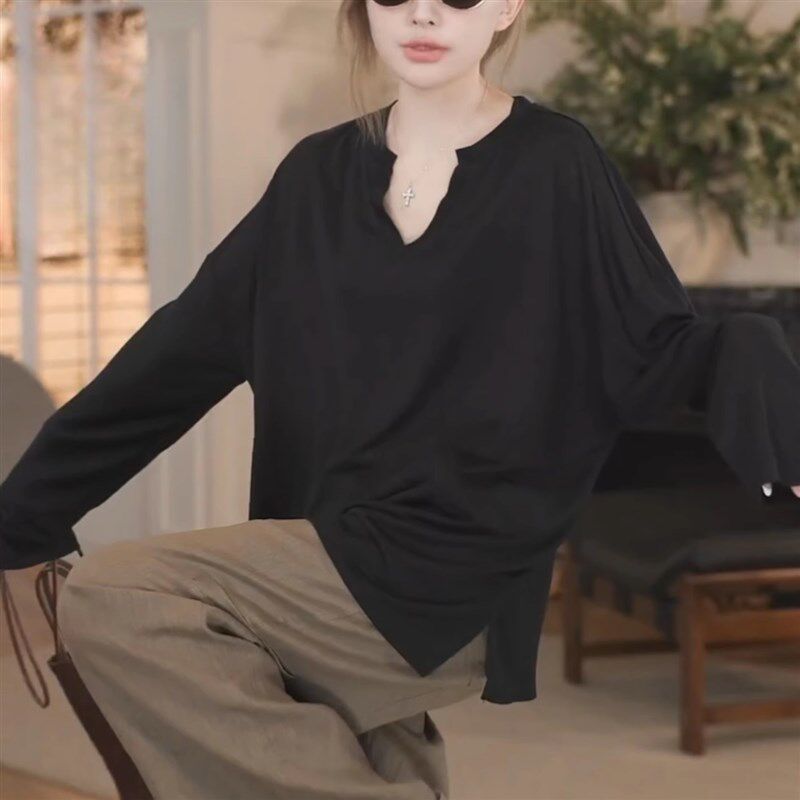 慵懒风V领薄款防晒罩衫q女2025夏季新款宽松百搭显瘦纯色长袖T恤