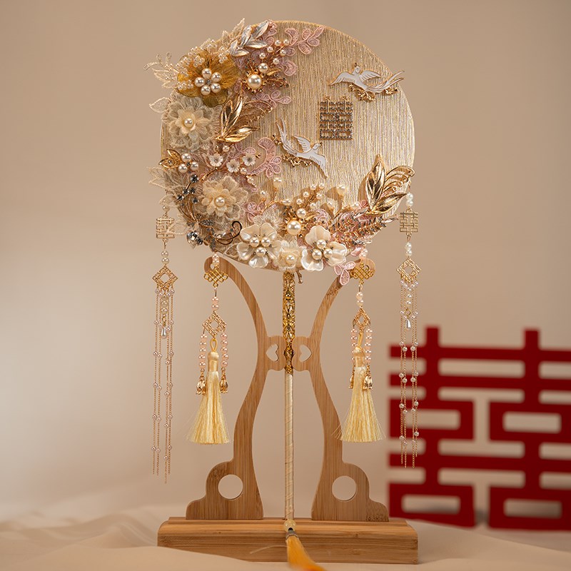 新娘结婚礼秀禾服婚扇出嫁中式古典喜扇子手M工粉色团扇diy材料包