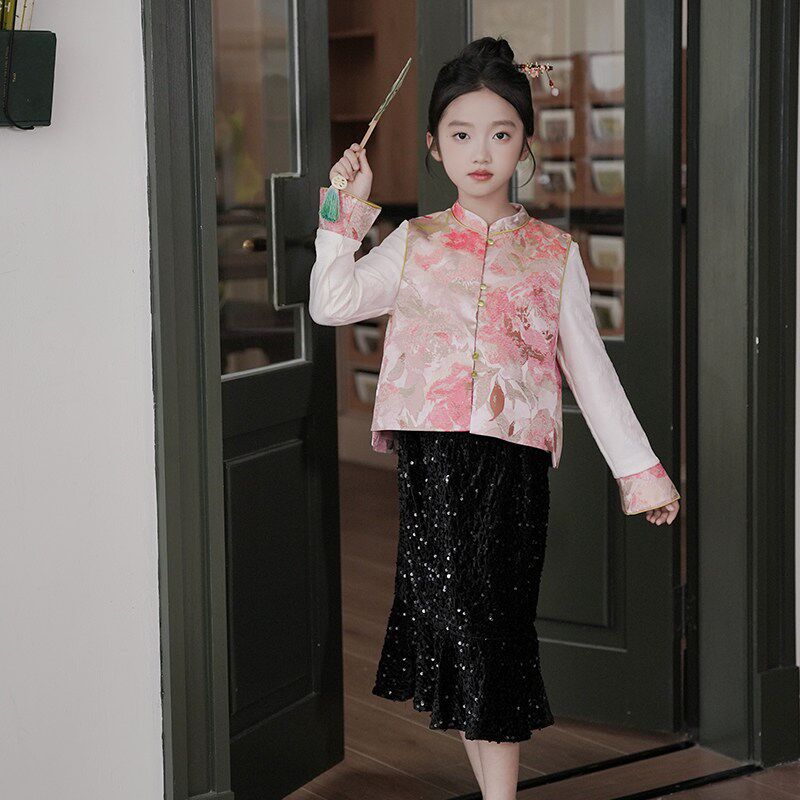 女童汉服2025k秋季国风新中式马甲古风唐装背心裙子童装儿童套装
