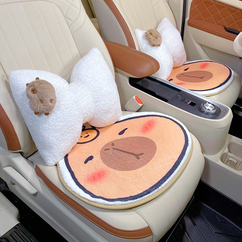 汽车坐垫冬季加绒可爱卡皮巴拉小水豚毛J绒保暖车载加热坐垫冬款