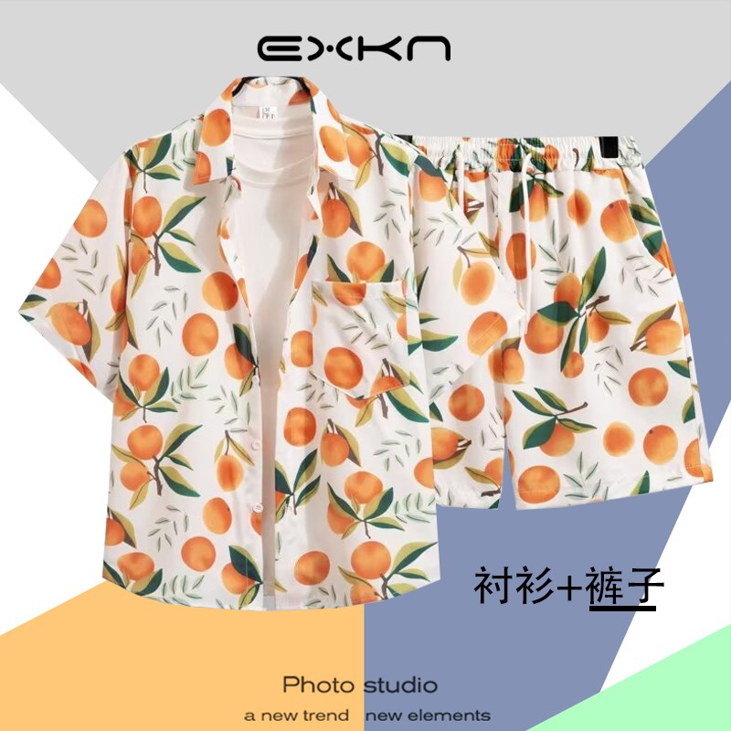 港风vintage花衬衫男女v复古夏威夷痞帅宽松情侣短裤沙滩套装衬衣