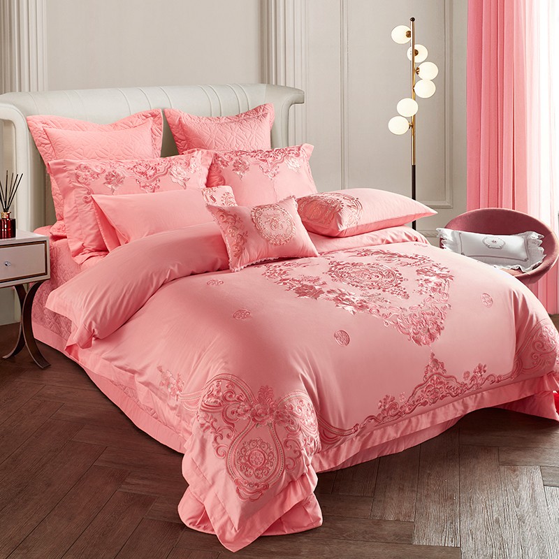 100支全棉婚i庆四件套刺绣纯棉结婚粉色被套床单新婚六十床上用品