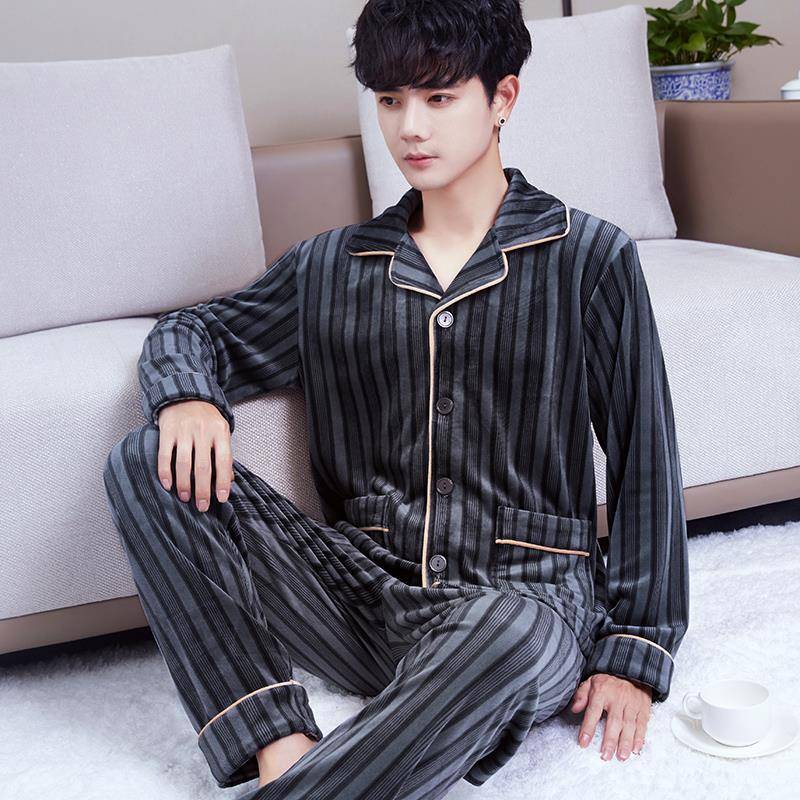 2025年新款加厚保暖珊瑚绒睡衣男款春秋薄款海岛绒简约男士家居服