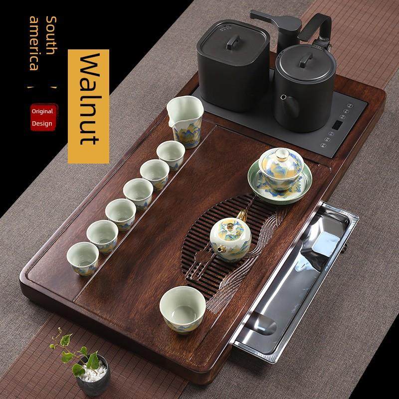 石菜记核桃茶盘套装自然全家用全自动水壶集成茶几高端礼品