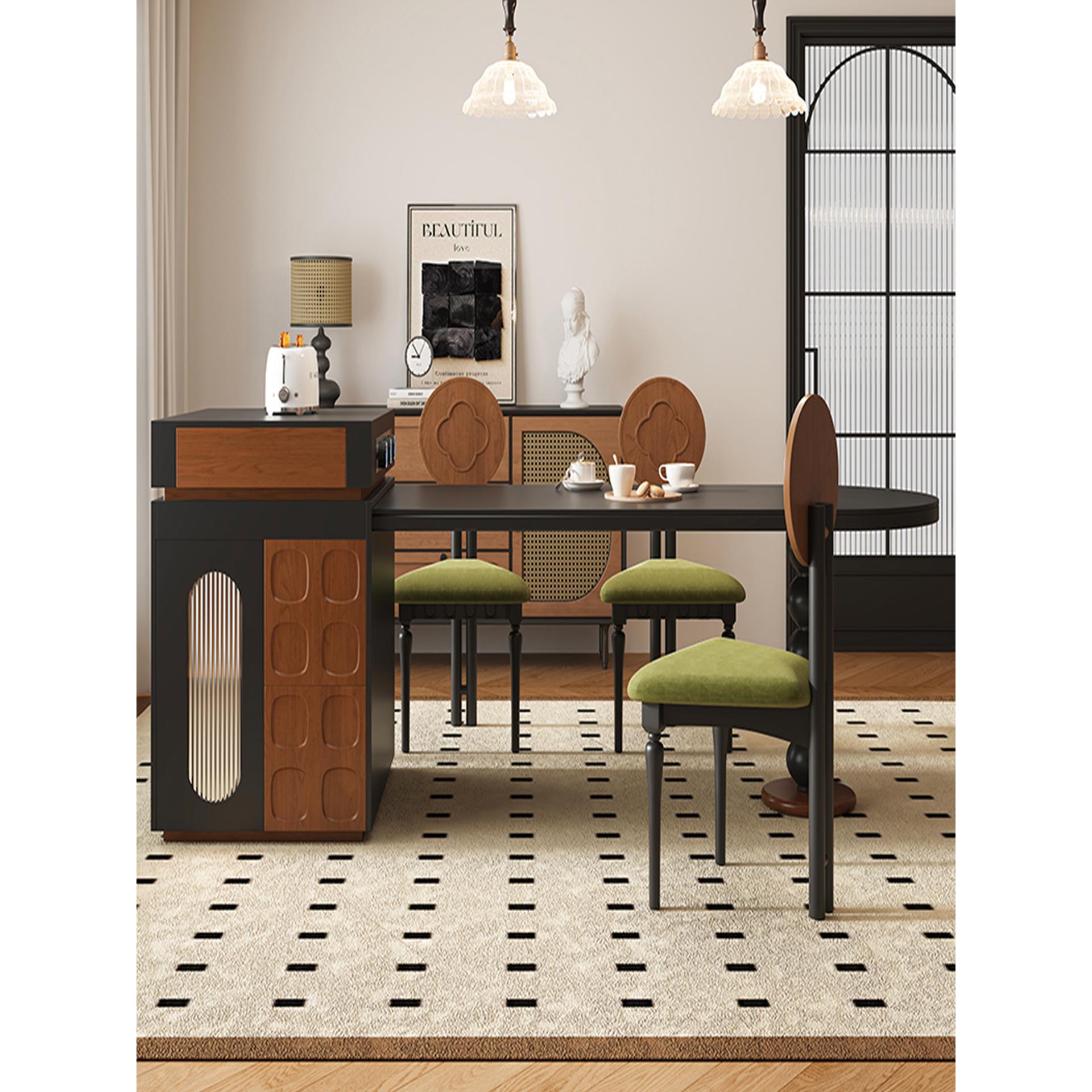 中古风可伸缩岛台餐岛一体圆弧形2025新款岩板家用小户型吧台桌