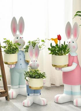 客厅电视柜沙发旁装饰北欧风轻奢落地卡通小兔子创意花盆动物摆件