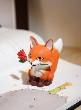 献给永远的小王子。手工木雕饰品，狐狸玫瑰，可爱浪漫的女孩礼物