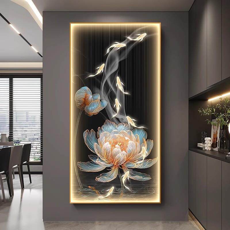 和气生财玄关装饰画轻奢九鱼图入户带灯壁画高档荷花走廊过道挂画