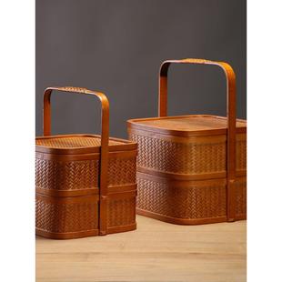 手提食盒提盒篮子手提上供食品竹篮二层长方形竹篮手提篮带盖中式