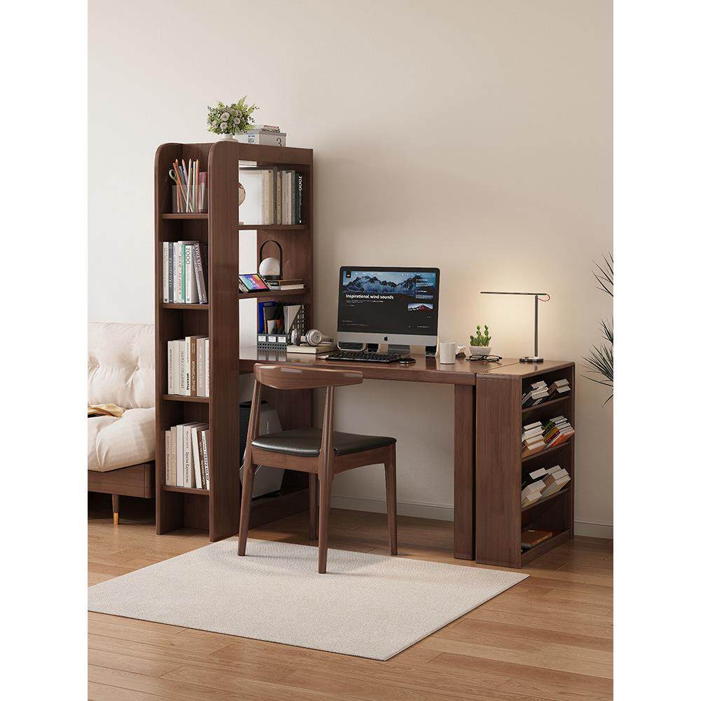 实木桌可伸缩移动角桌书架组合一体机家用电脑桌学生学习桌