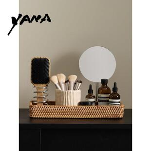 YANA亚纳高档桌面长方形藤编化妆品收纳盒护肤品杂物多功能整理盒