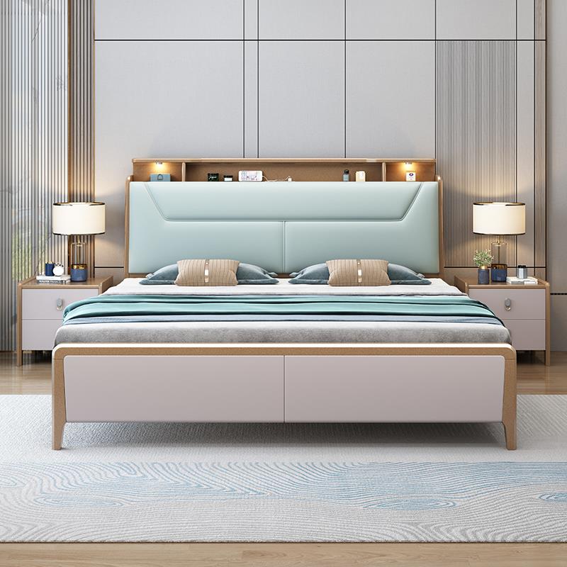 北欧实木床现代简约主卧1.8米双人大床软靠包储物床架1.5米带夜灯