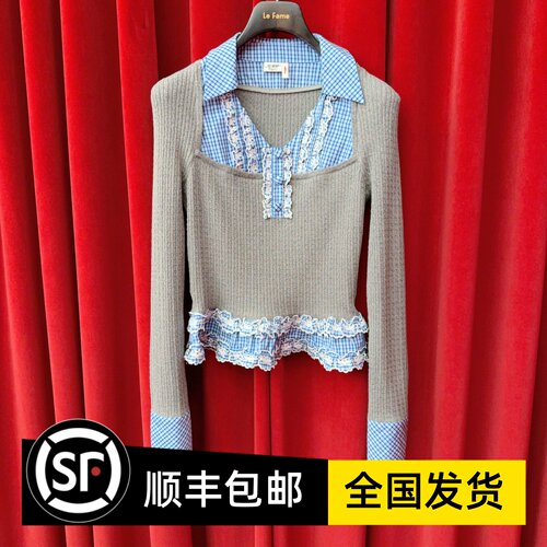 Le fame拉飞姆国内专柜代购 25 秋格子拼接针织上衣 FF25Q31ZB166