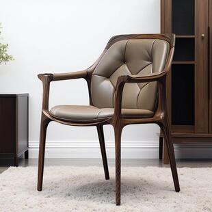 北美黑胡桃木休闲 椅设计师款现代餐椅实木书椅真皮意式沙发椅定