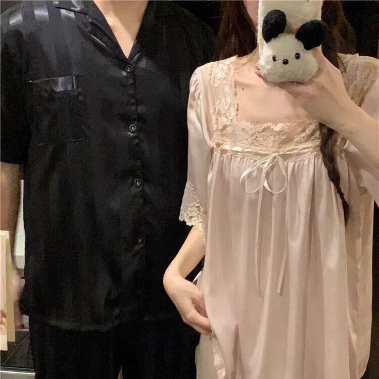 夏莉家2025夏季国风女款方领蕾丝拼接简约男款短袖情侣款冰丝睡衣