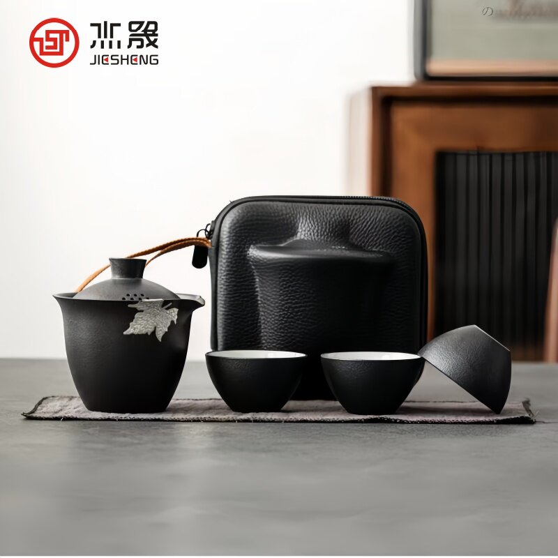 杰晟高档黑陶瓷镶锡快客杯旅游茶具盖碗功夫套装日式简约现代茶杯