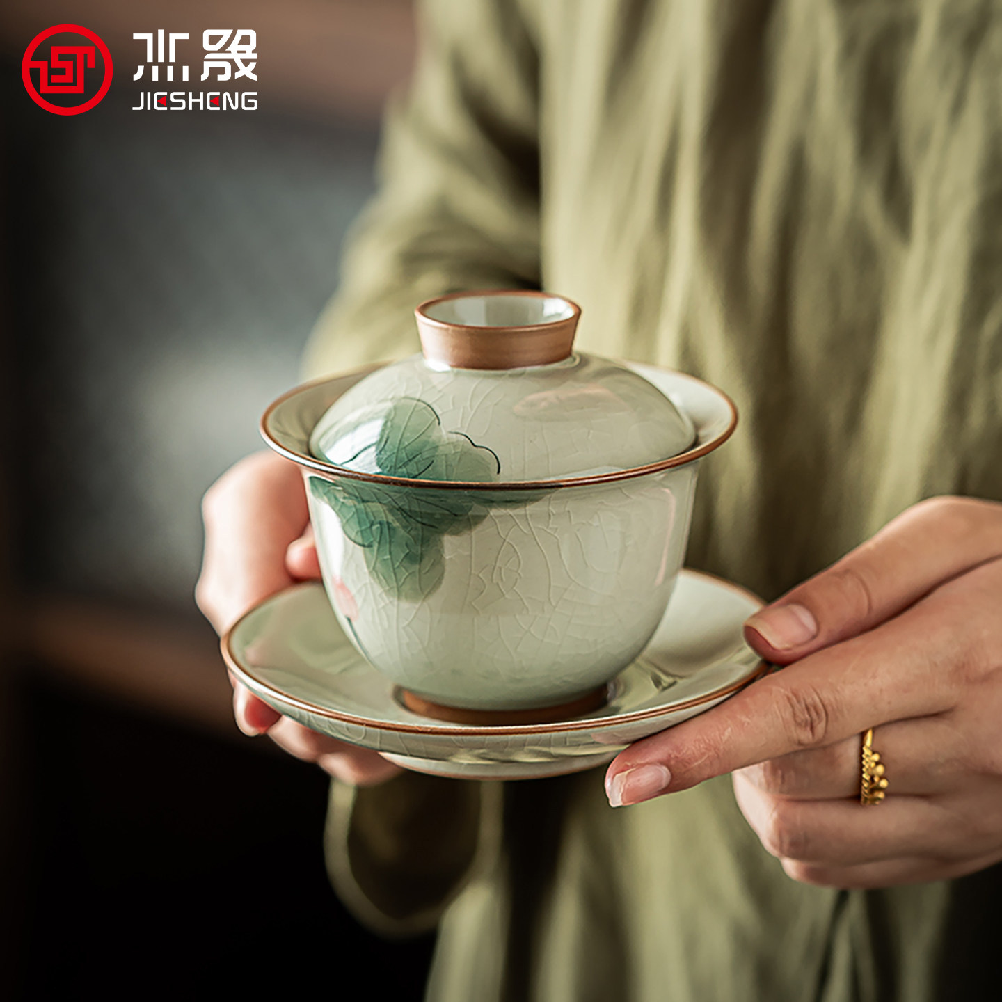 杰晟哥窑冰裂荷花釉下彩品茗杯图片