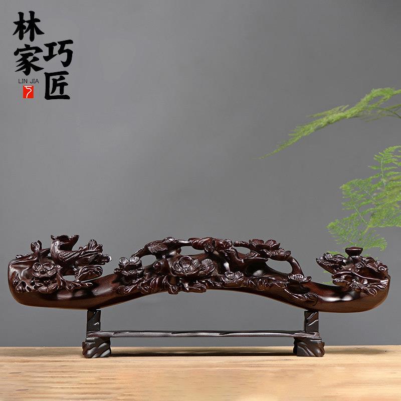 黑檀实木雕刻喜上眉梢如意摆件家居客厅桌面乔迁开业装饰摆设送礼