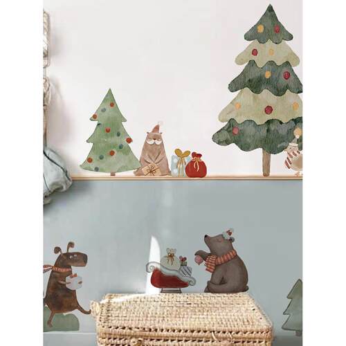 Merry Christmas!北欧童话冬日圣诞主题森林绘本风儿童房墙贴装饰