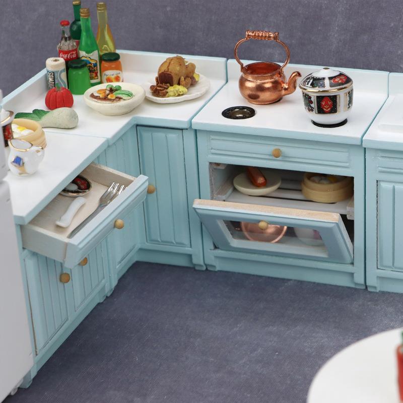 1:12娃娃屋dollhouse迷你家具微缩模型厨房场景粉色组合料理灶台