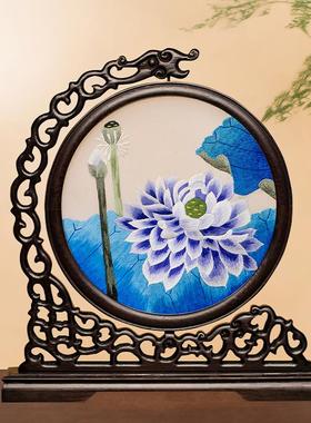 苏绣桌面屏风创意刺绣摆件中国风中式家居红木台屏手工双面绣摆台