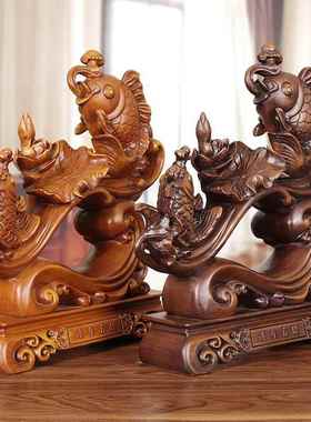 木雕莲年有余摆件客厅酒柜玄关莲花鲤鱼装饰乔迁开业新居入伙礼物