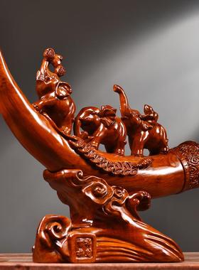花梨木雕大象摆件实木吉祥三宝小象中式象牙家居客厅博古架装饰品