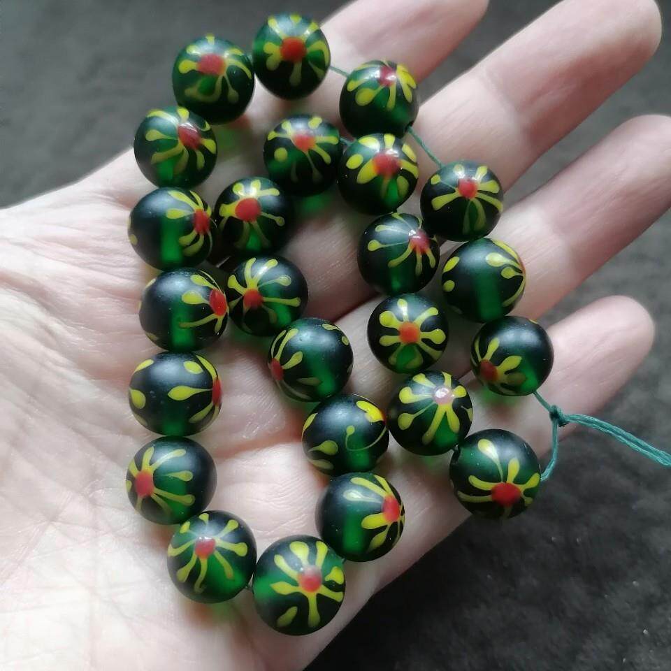 古玩收藏藏区回流老包浆菠菜绿琉璃珠子佛珠念珠配珠一串二十四颗