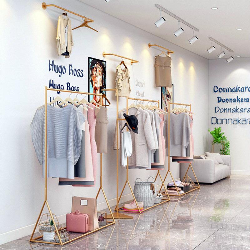 服装店侧挂展示架金色服装架女装店货架落地式组合挂衣架陈列架子