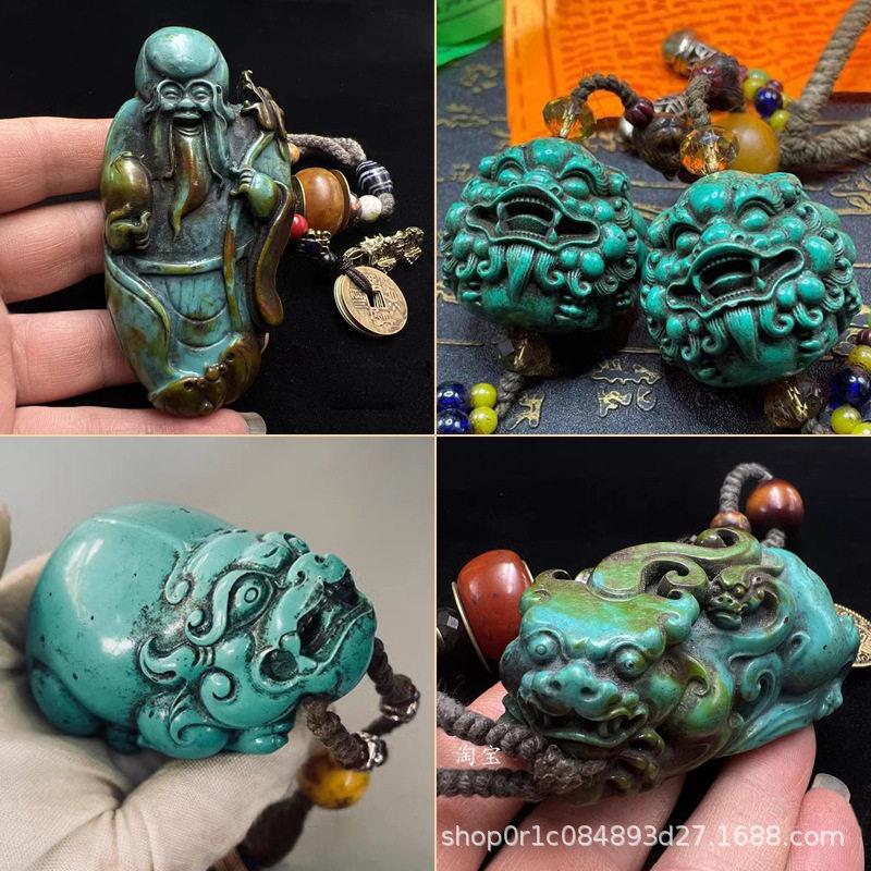 古玩杂项复古包浆五帝铜钱铃铛配饰松石雕刻寿星手把件貔貅手抓件