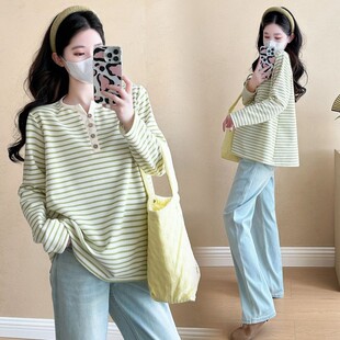 宽松大码 韩版 胖妹妹减龄休闲孕妇体恤上衣 T恤女春秋新款 条纹长袖
