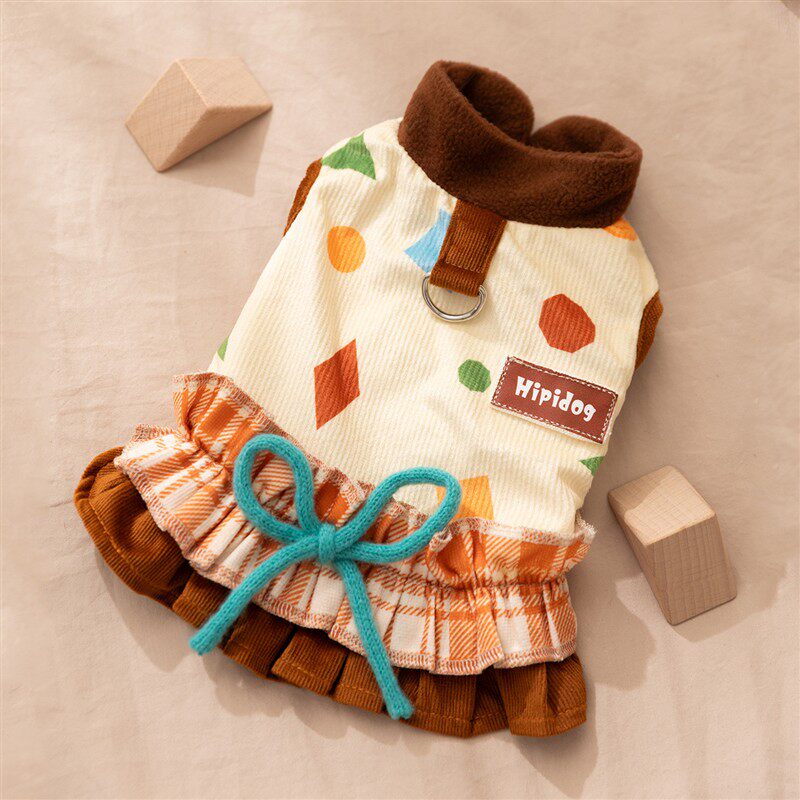 秋冬季小狗狗衣服灯芯绒满印牵引连衣裙加厚保暖泰迪比熊宠物衣服