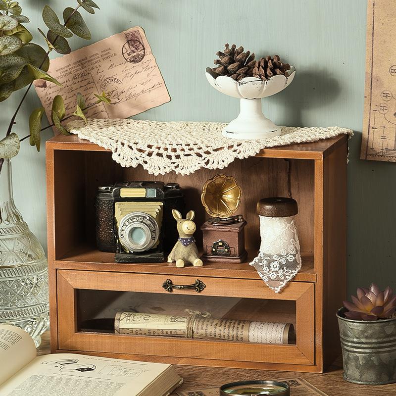 复古木质展示柜 杂物化妆品收纳柜子带抽屉北欧风桌面收纳盒