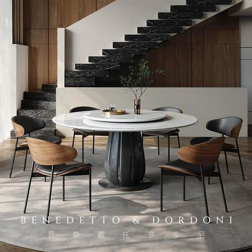 天然大理石餐桌椅2025新款吃饭桌子家用带转盘轻奢高级感奢石圆桌