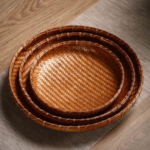 纯手工竹编果盘竹制覆古大漆收纳筐家用茶叶簸箕茶点盘干 干果盘