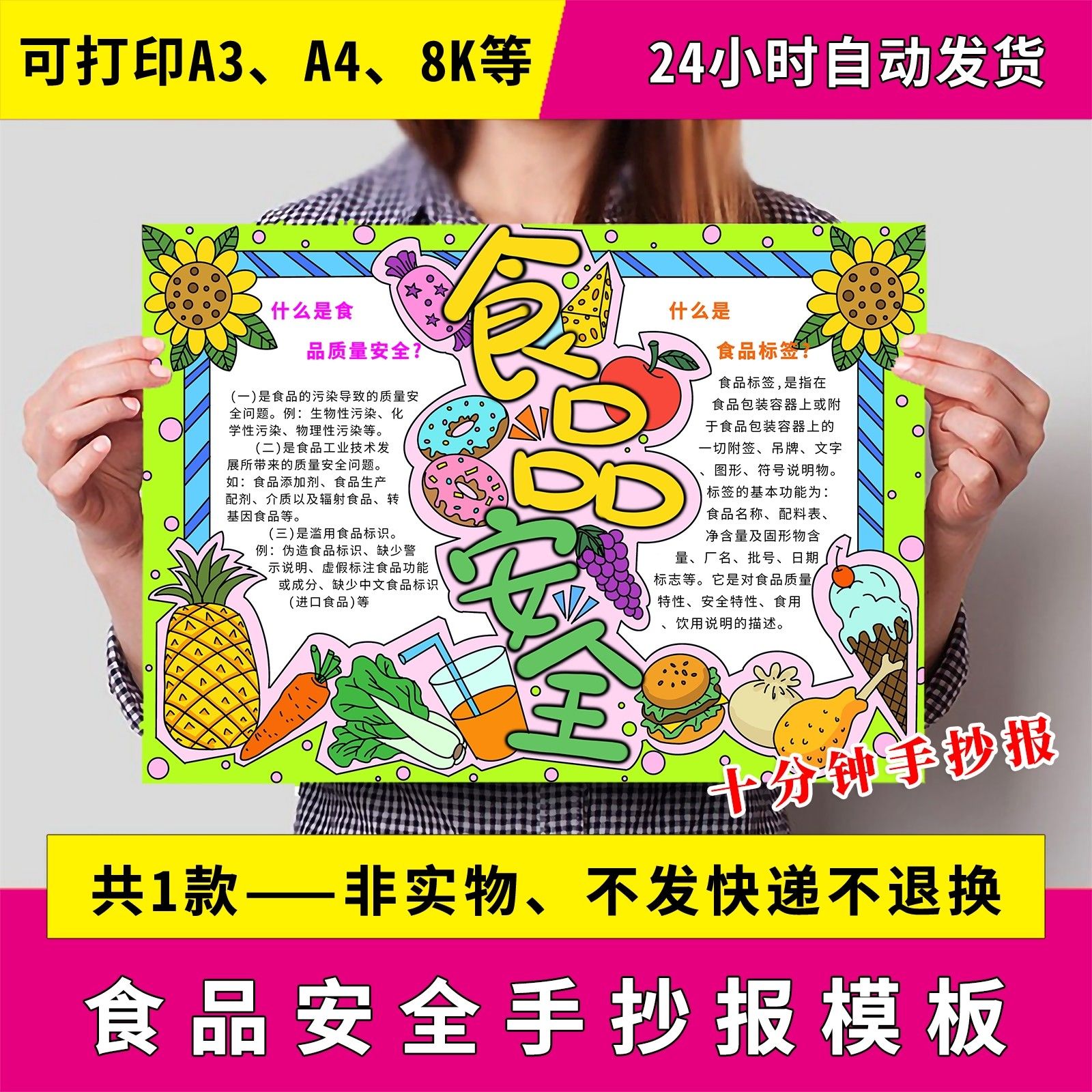 食品安全手抄报电子版小学生健康饮食涂色黑白线稿小报模板电子版