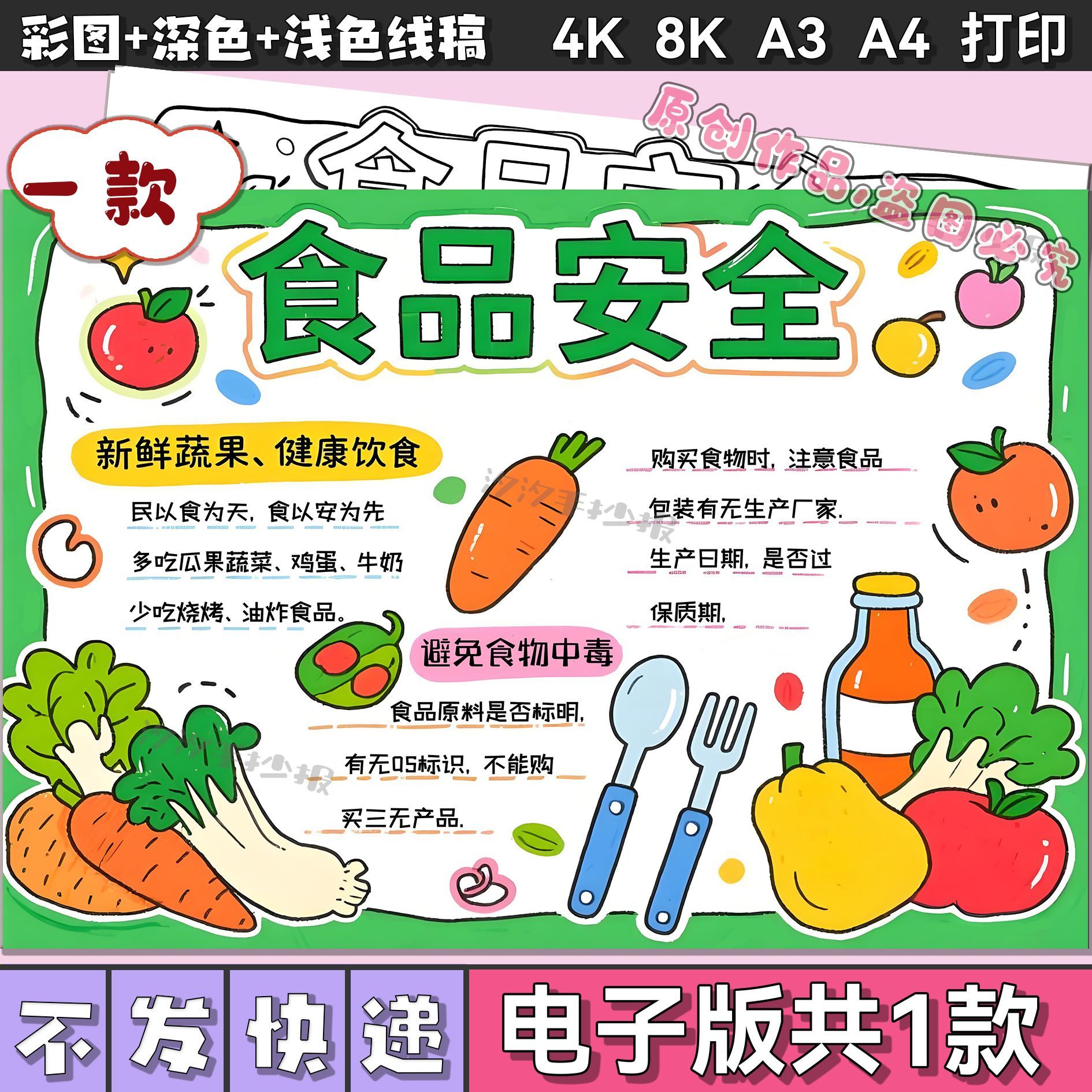 食品安全手抄报电子版小学生健康饮食涂色黑白线稿小报模板电子版